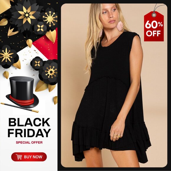 💣POL Thermal Contrast Band Ruffle Hem Sleeveless Babydoll Mini Dress | Size M - Picture 1 of 7